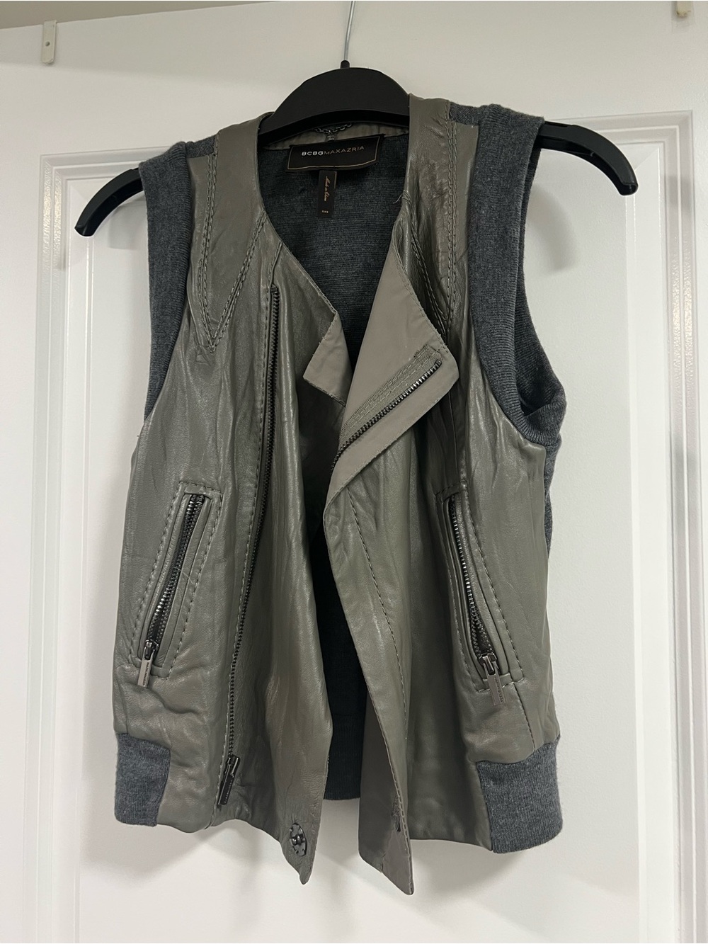 BCBGMaxAzria Gray Leather & Knit Zip-Front Vest